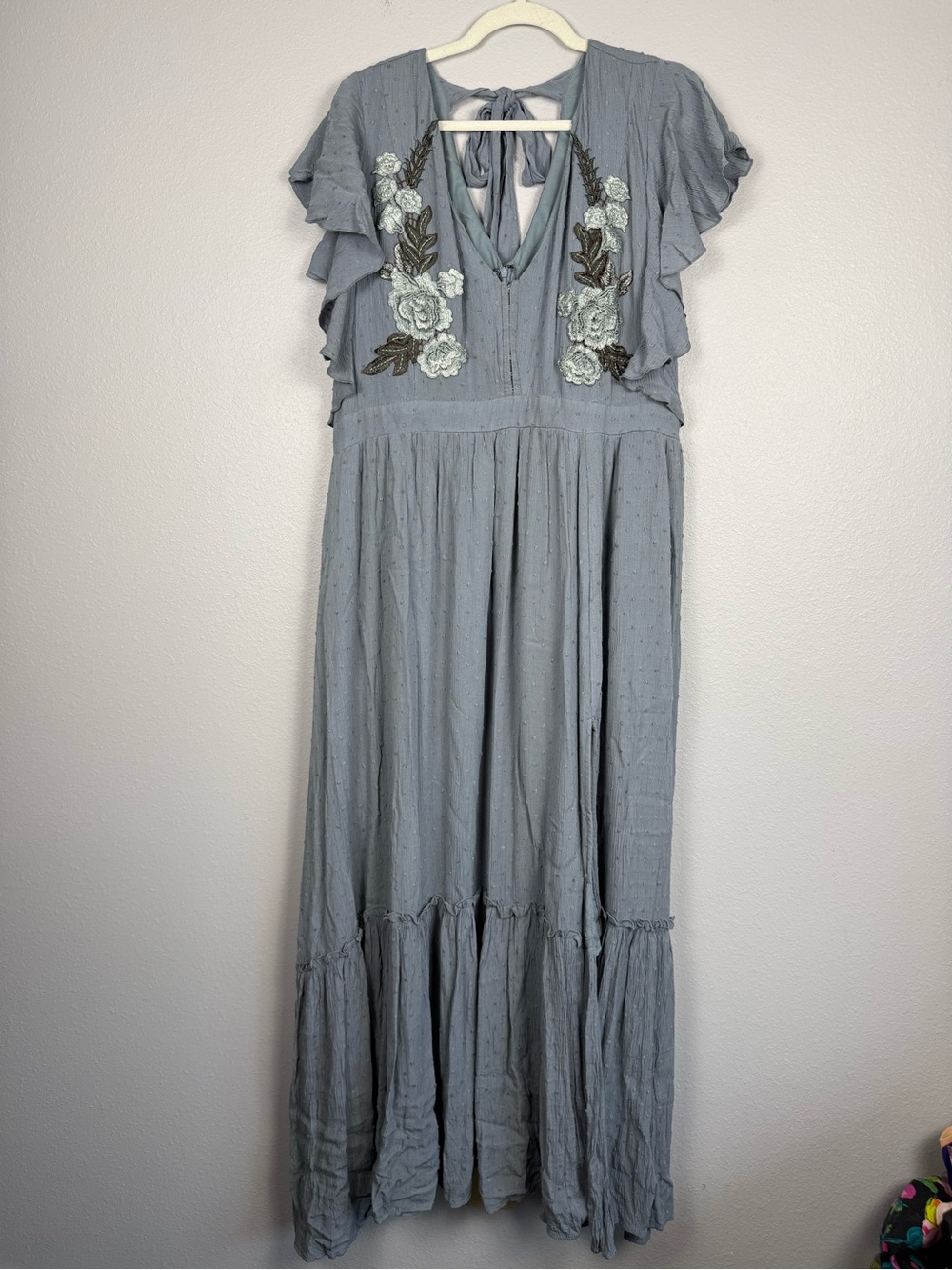Joyfolie Dusty Blue Embroidered Ruffle Maxi Dress
